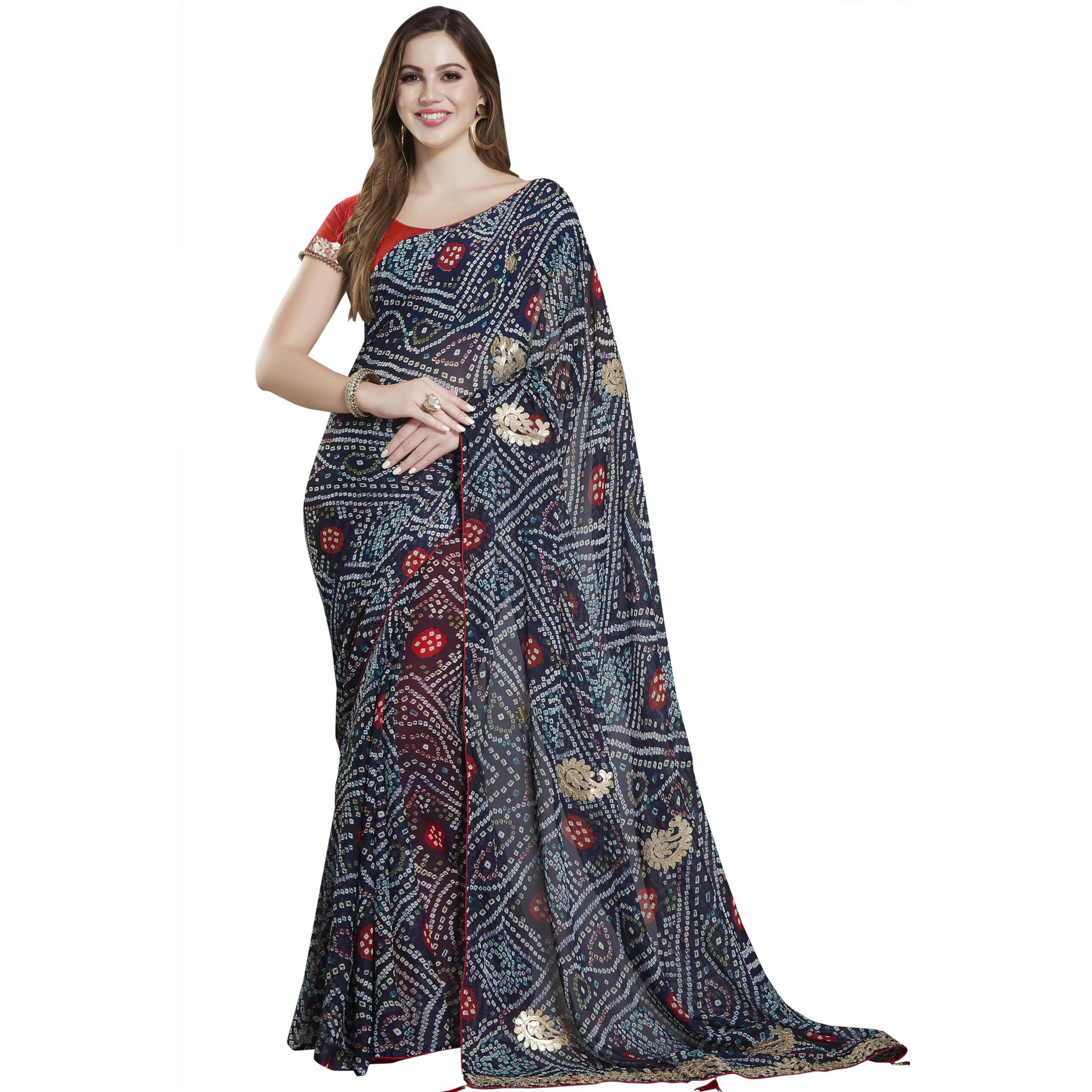 Rani Saahiba Women's Bandhani Embroidered Chiffon Saree With Blouse (Skr11502_Dark Blue)