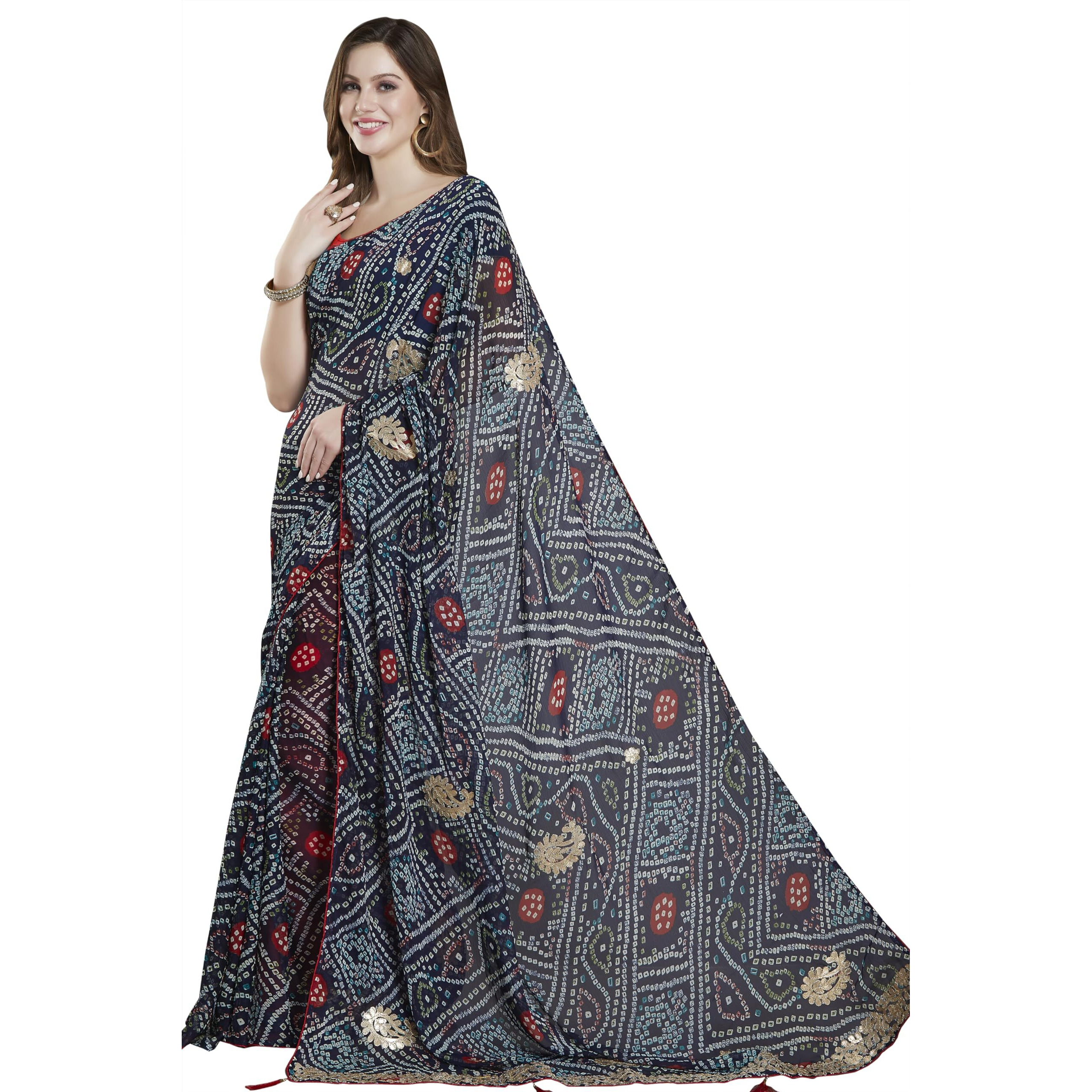 Rani Saahiba Women's Bandhani Embroidered Chiffon Saree With Blouse (Skr11502_Dark Blue)