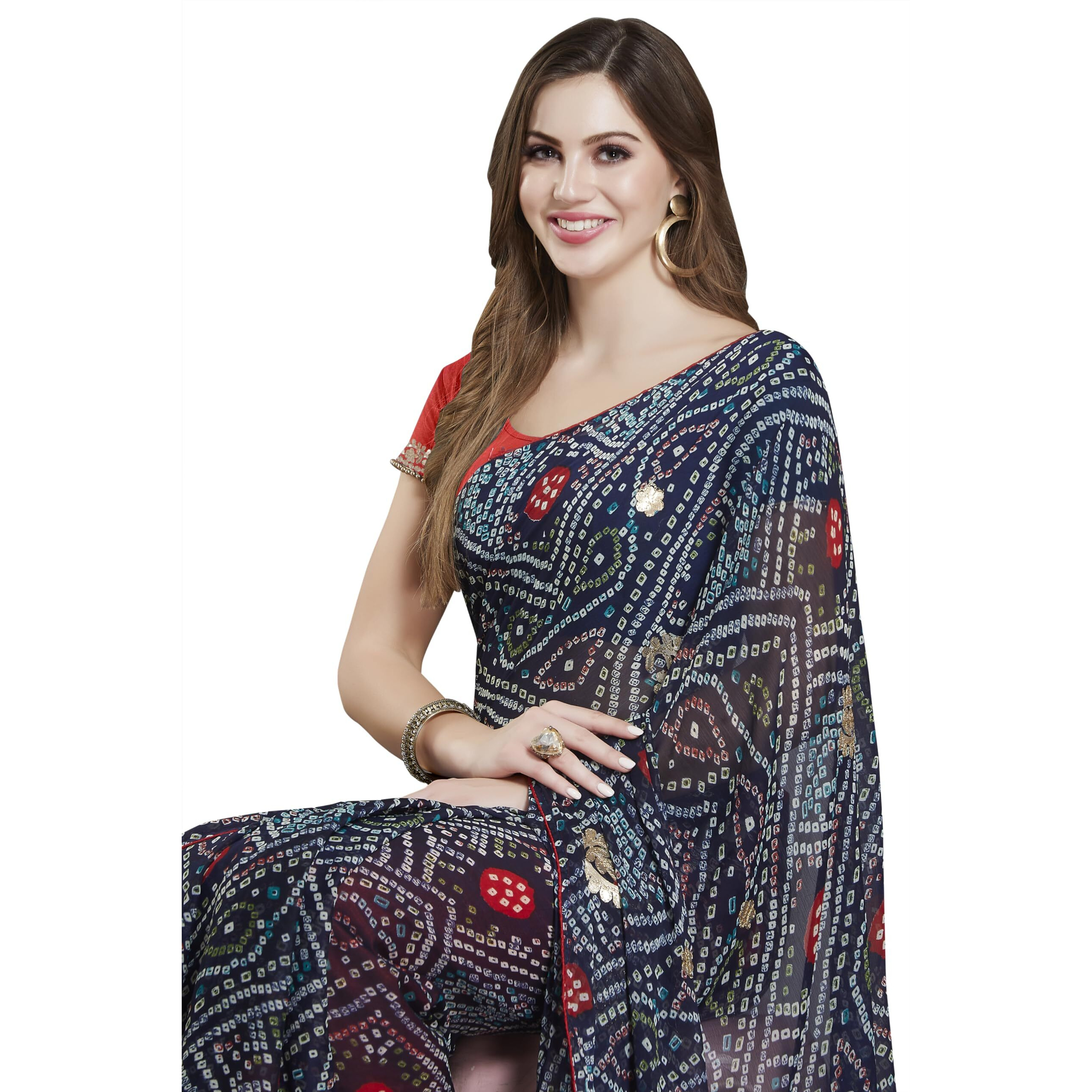 Rani Saahiba Women's Bandhani Embroidered Chiffon Saree With Blouse (Skr11502_Dark Blue)