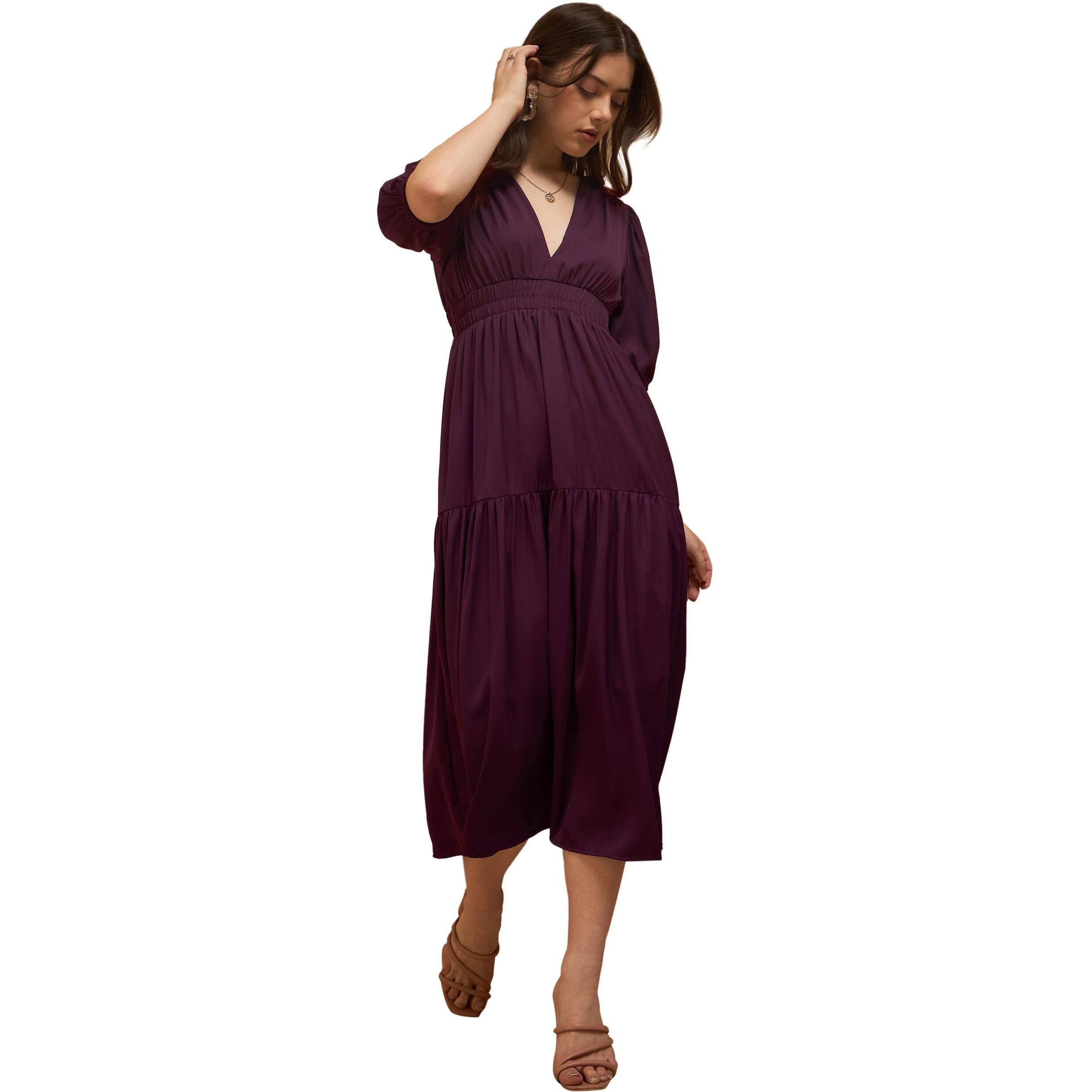 Rare Women's Polyester Fit And Flare Mid-Calf Length Casual Dress (Ep8046_Wine_Xl)