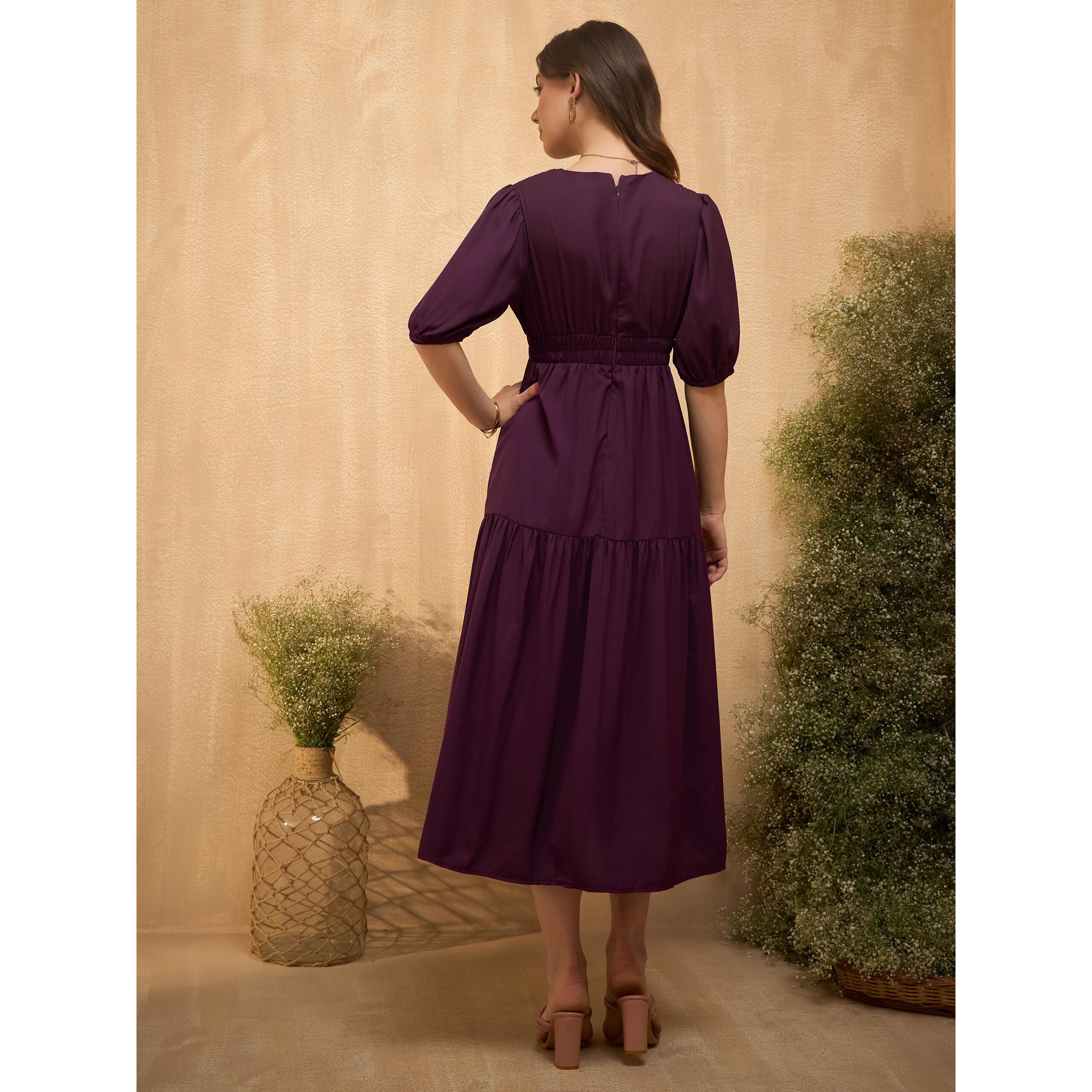 Rare Women's Polyester Fit And Flare Mid-Calf Length Casual Dress (Ep8046_Wine_Xl)