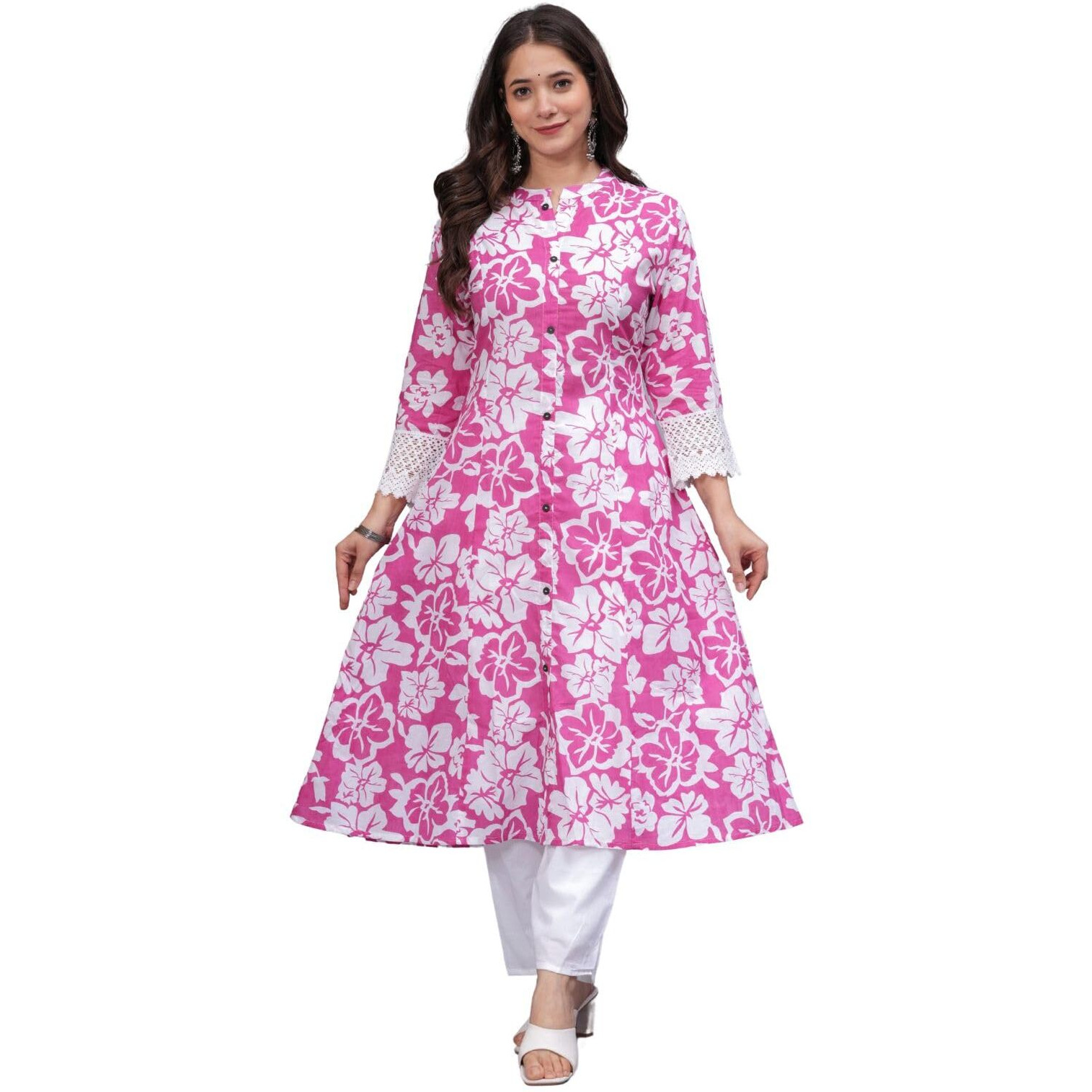 Rytras Women's Pure Cotton Printed A-Line Kurta Set With Palazzo Pants - Ethnic Wear, Pink(Ryt619-New,M)