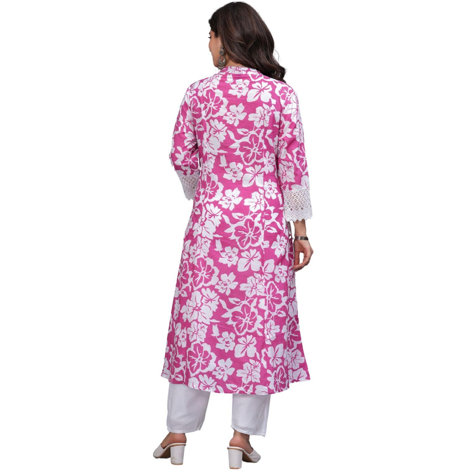 Rytras Women's Pure Cotton Printed A-Line Kurta Set With Palazzo Pants - Ethnic Wear, Pink(Ryt619-New,M)