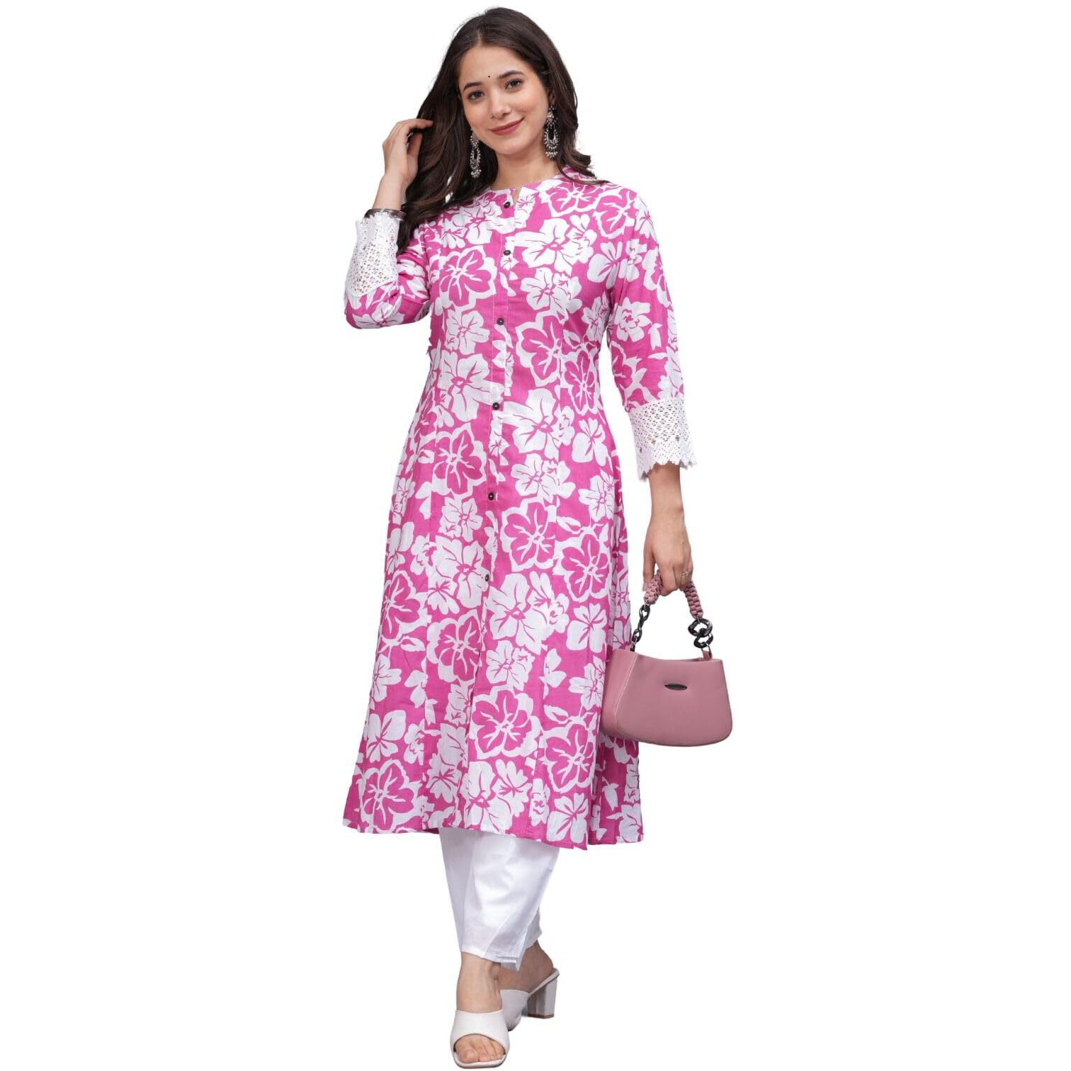 Rytras Women's Pure Cotton Printed A-Line Kurta Set With Palazzo Pants - Ethnic Wear, Pink(Ryt619-New,M)