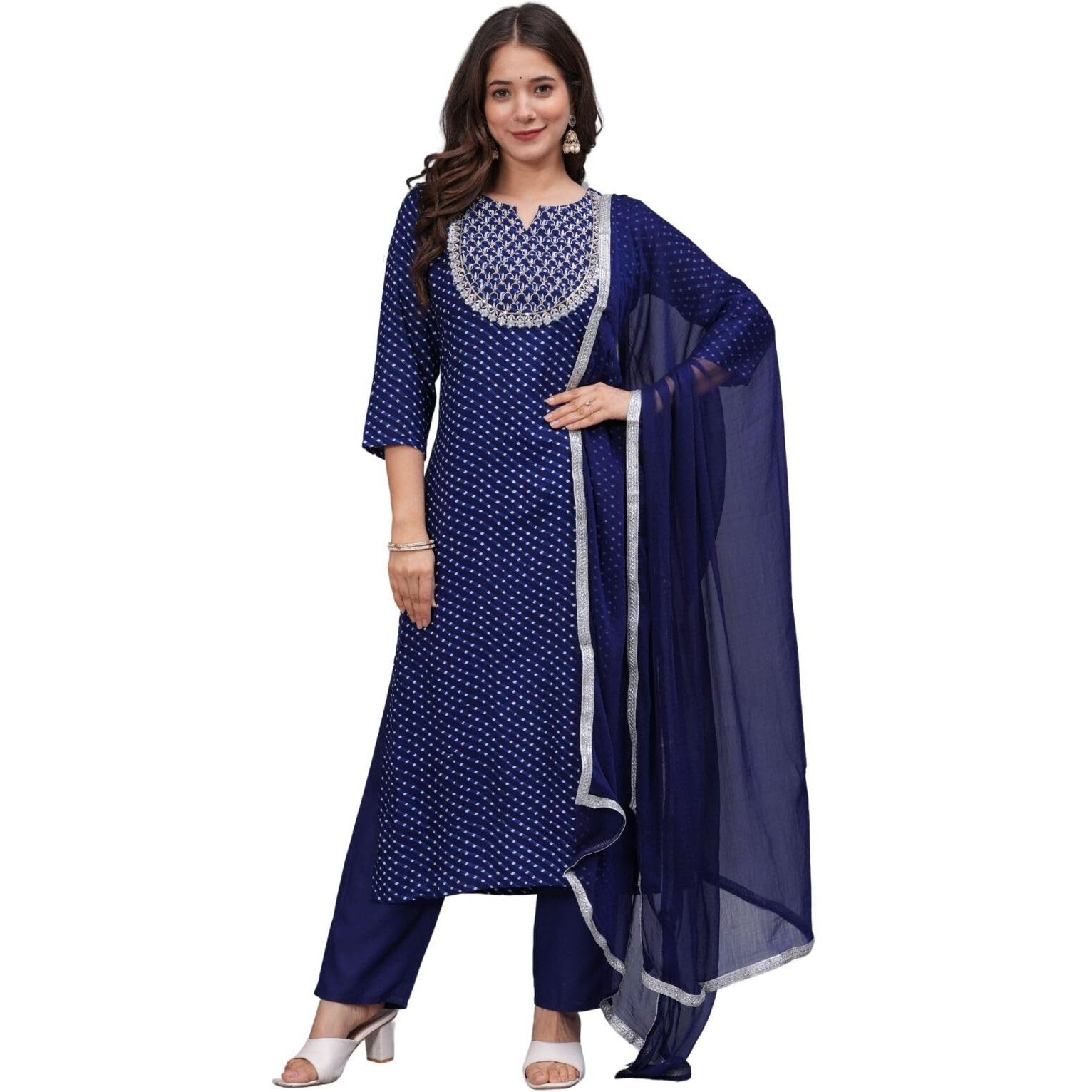 Rytras Women's Embroidered Straight Kurta Set With Palazzo Pants & Dupatta- Ethnic Wear, Blue(Ryt608-New,M)