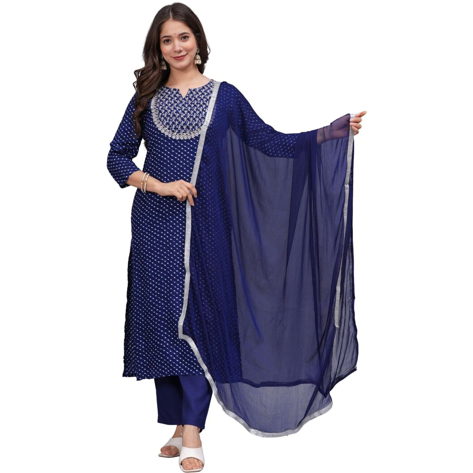 Rytras Women's Embroidered Straight Kurta Set With Palazzo Pants & Dupatta- Ethnic Wear, Blue(Ryt608-New,M)