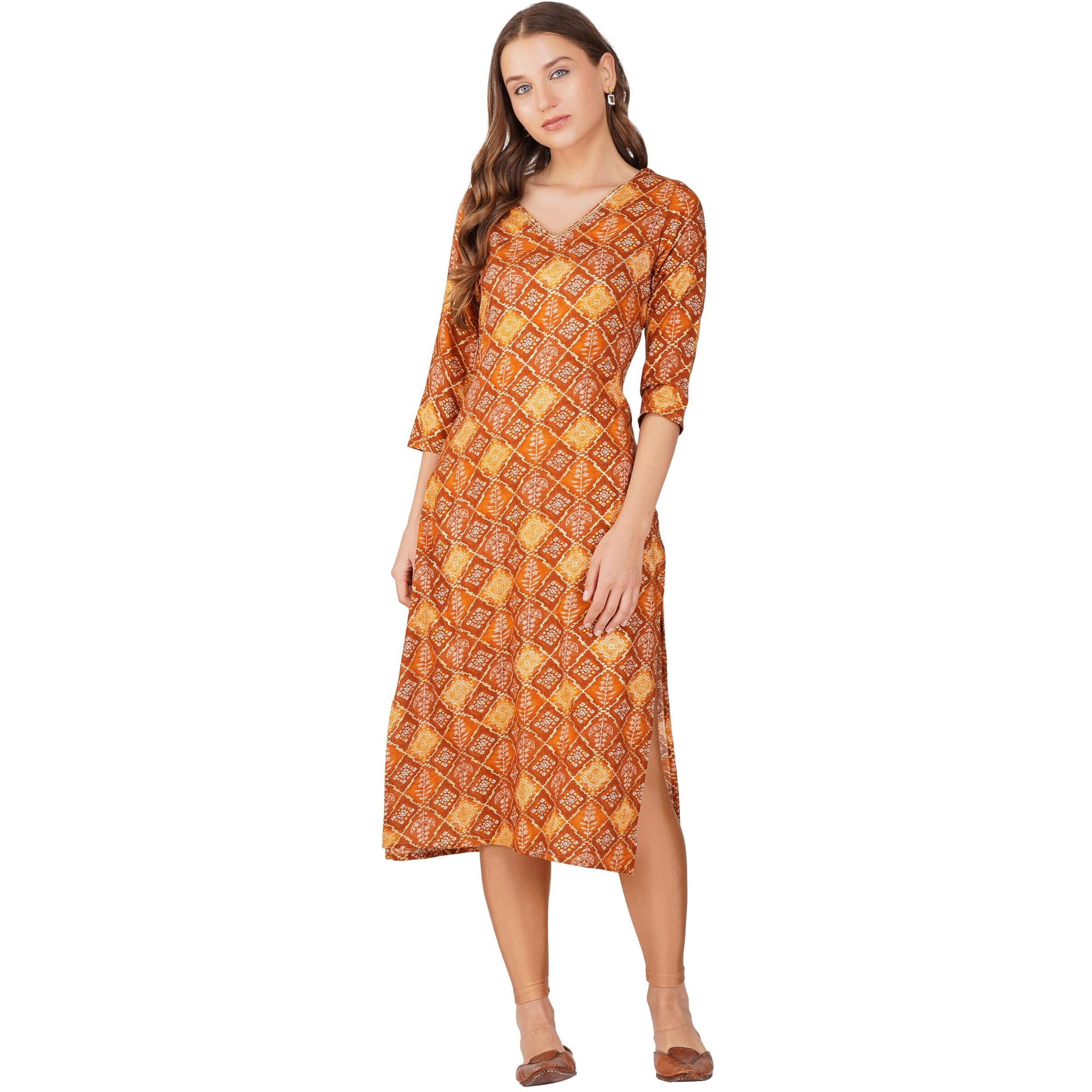 Rytras Women's Foil Printed Straight Kurta(Mustard,M)