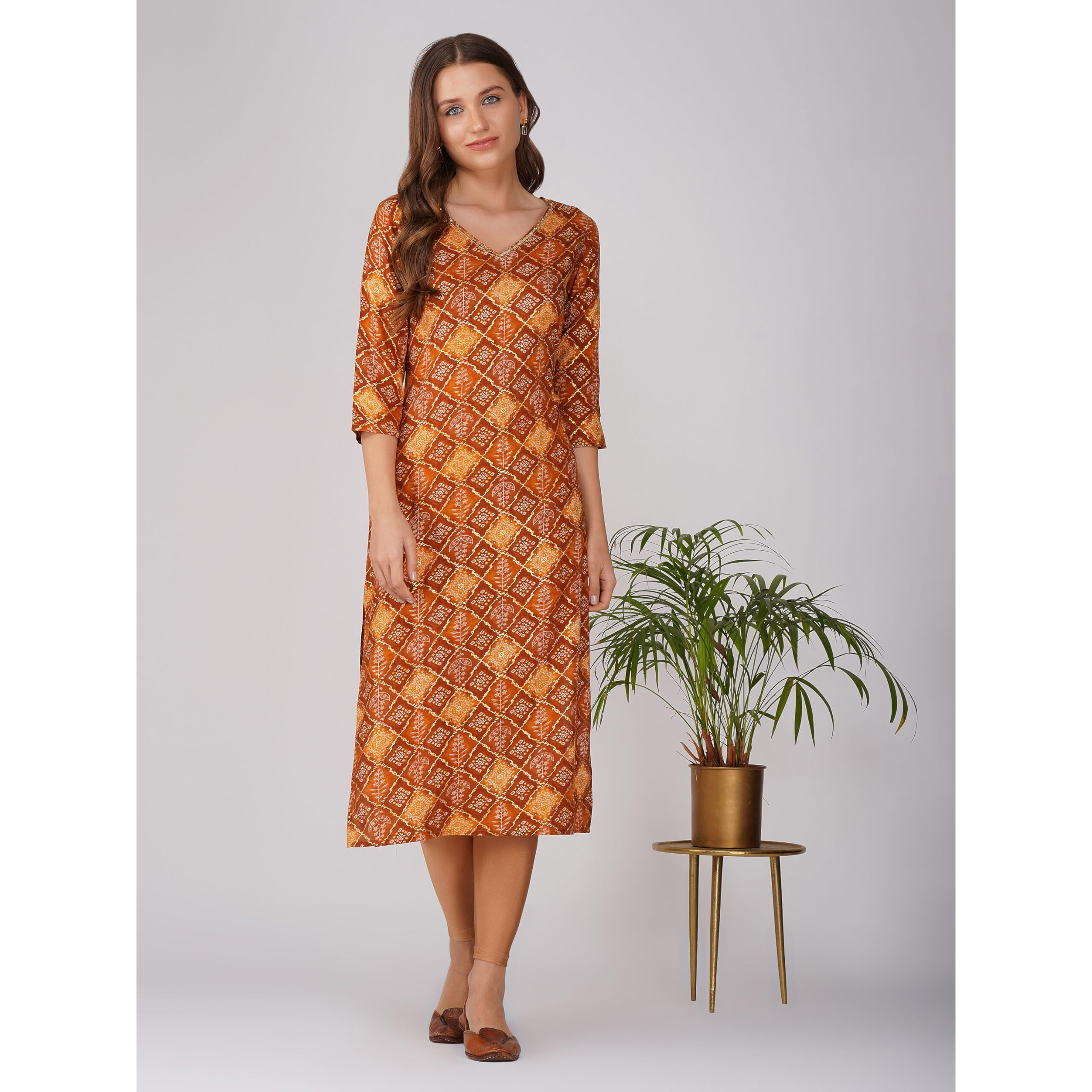 Rytras Women's Foil Printed Straight Kurta(Mustard,M)