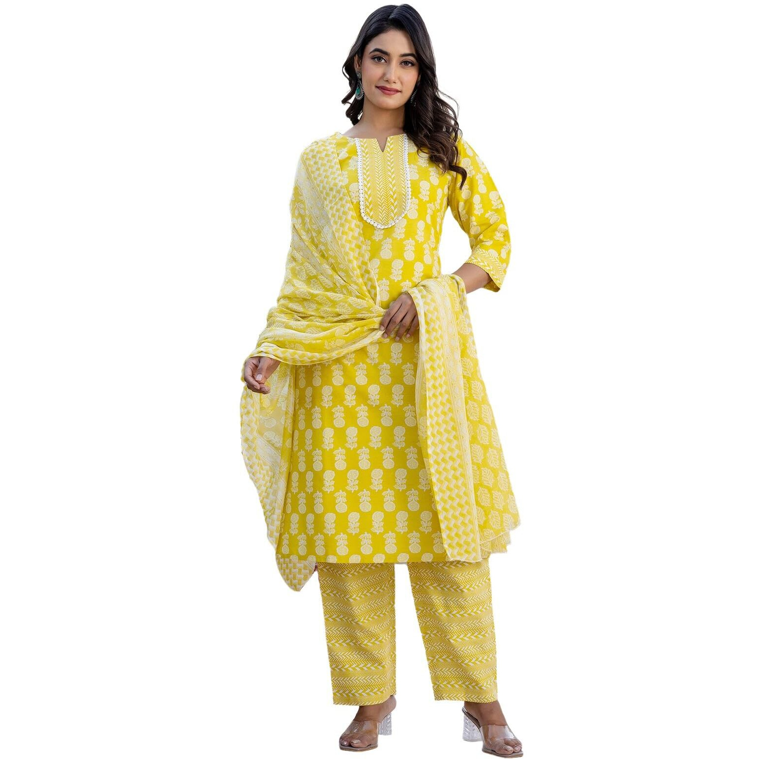 Sanisa Women's Cotton Printed & Lace Straight Kurta With Pant And Dupatta Set (268Kbd2812N-S_Yellow & White)