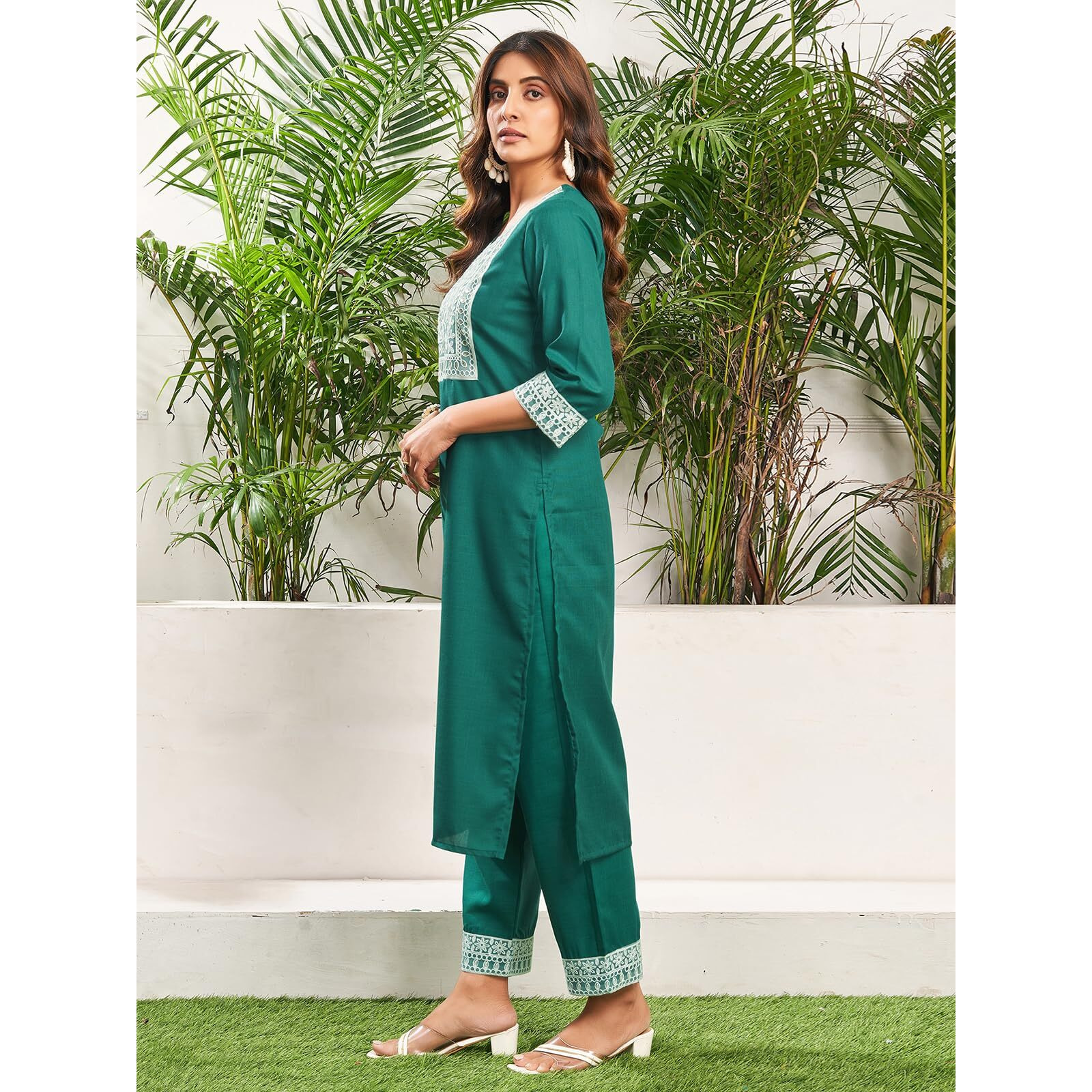 Sanisa Women's Cotton Blend Sequence And Embroidery Work Straight Kurta With Pant And Dupatta Set (193Kbd2054N-S_Teal Green2)