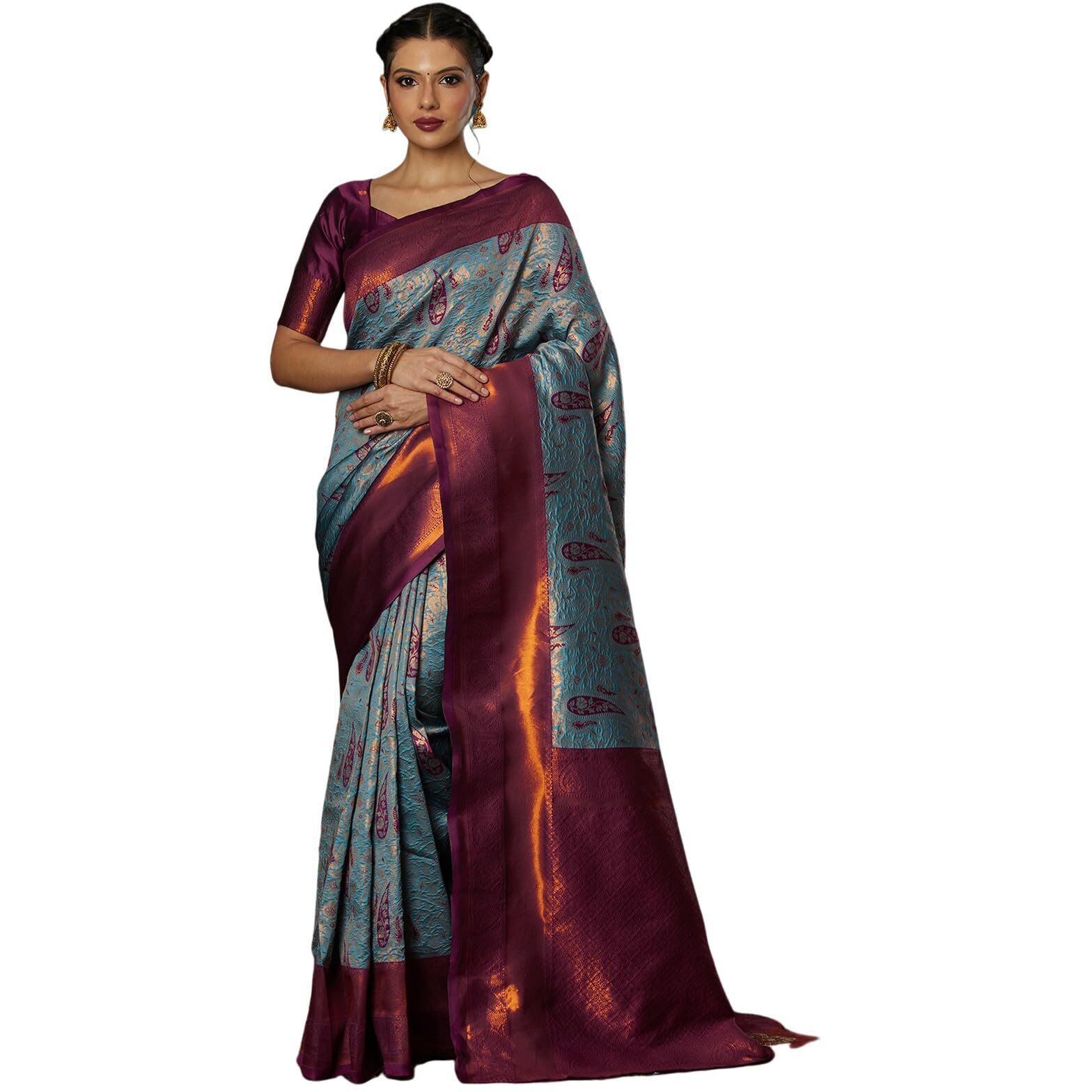 Satrani Women's Silk Blend Weaving Banarasi Saree With Unstitched Blouse Piece (4121S2911N_Light Blue & Wine)