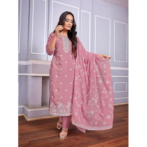 Shienzy Women's Embroidered Work Chanderi Kurta & Pant With Dupatta || Straight Kurta Outfits || Ethnic Set(1655_Pnk_Xl)