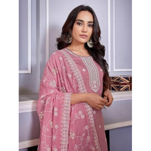Shienzy Women's Embroidered Work Chanderi Kurta & Pant With Dupatta || Straight Kurta Outfits || Ethnic Set(1655_Pnk_Xl)