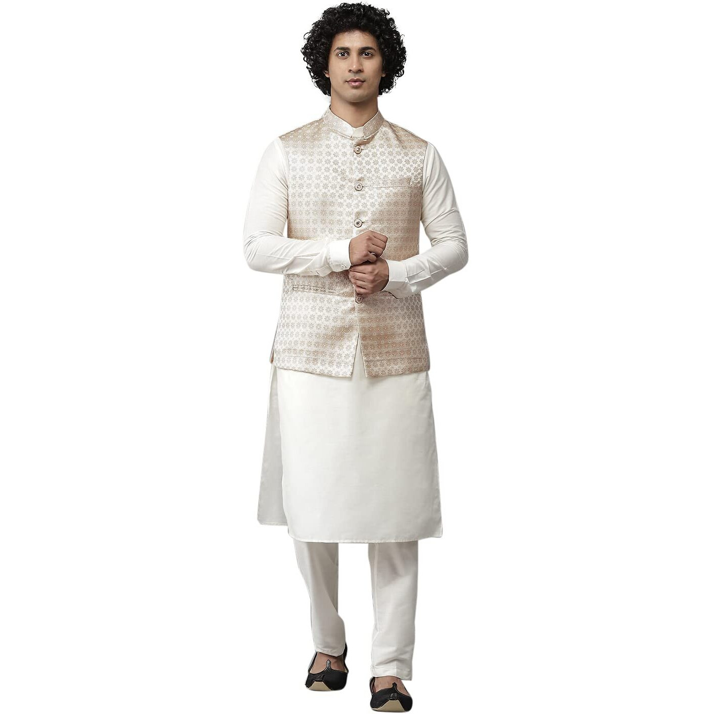See Designs Men Gold & White Solid Kurta Pyjamas With Nehru Jacket_Sdnj215S