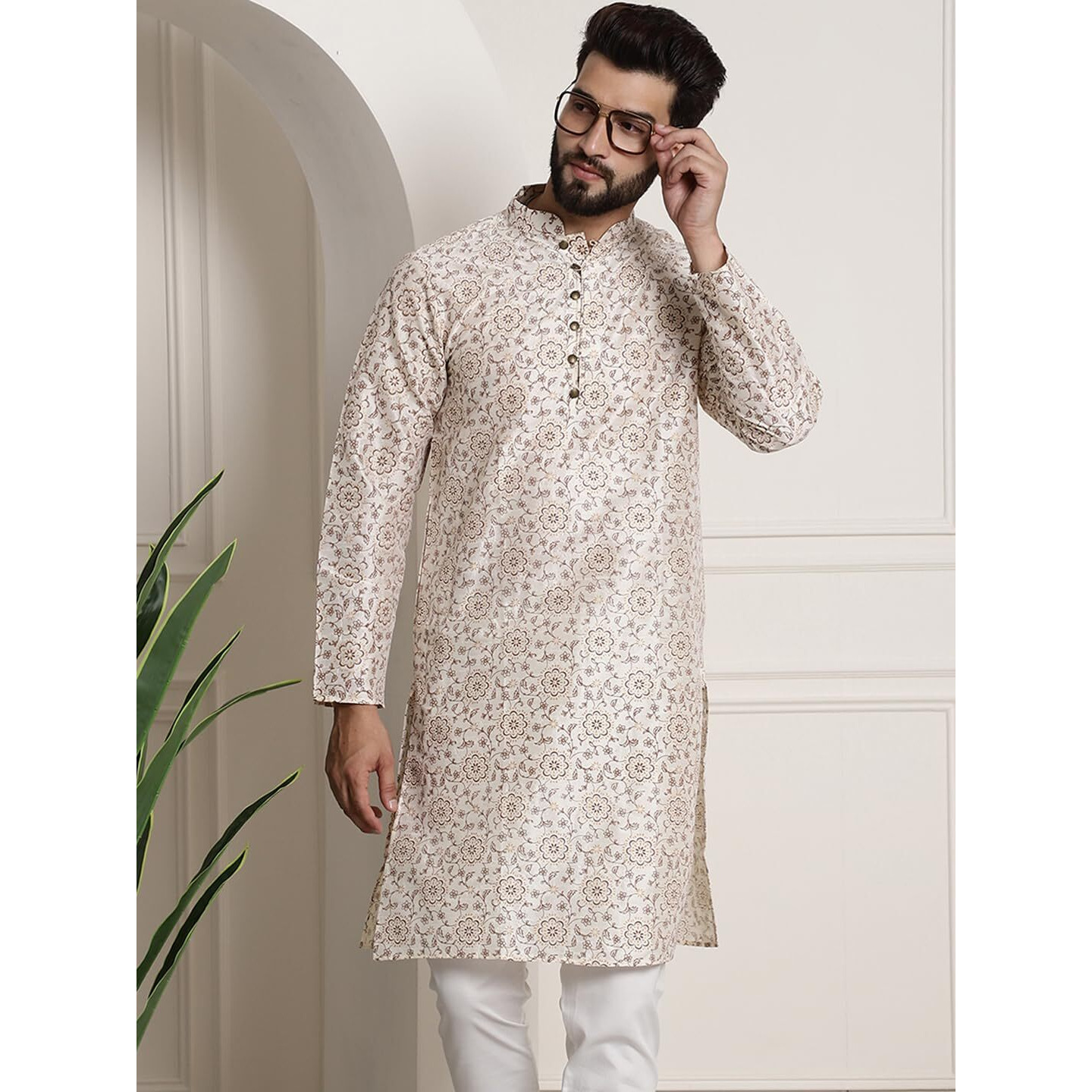 Sojanya (Since 1958 Men's Silk Blend Cream Color Print Design Only Long Kurta
