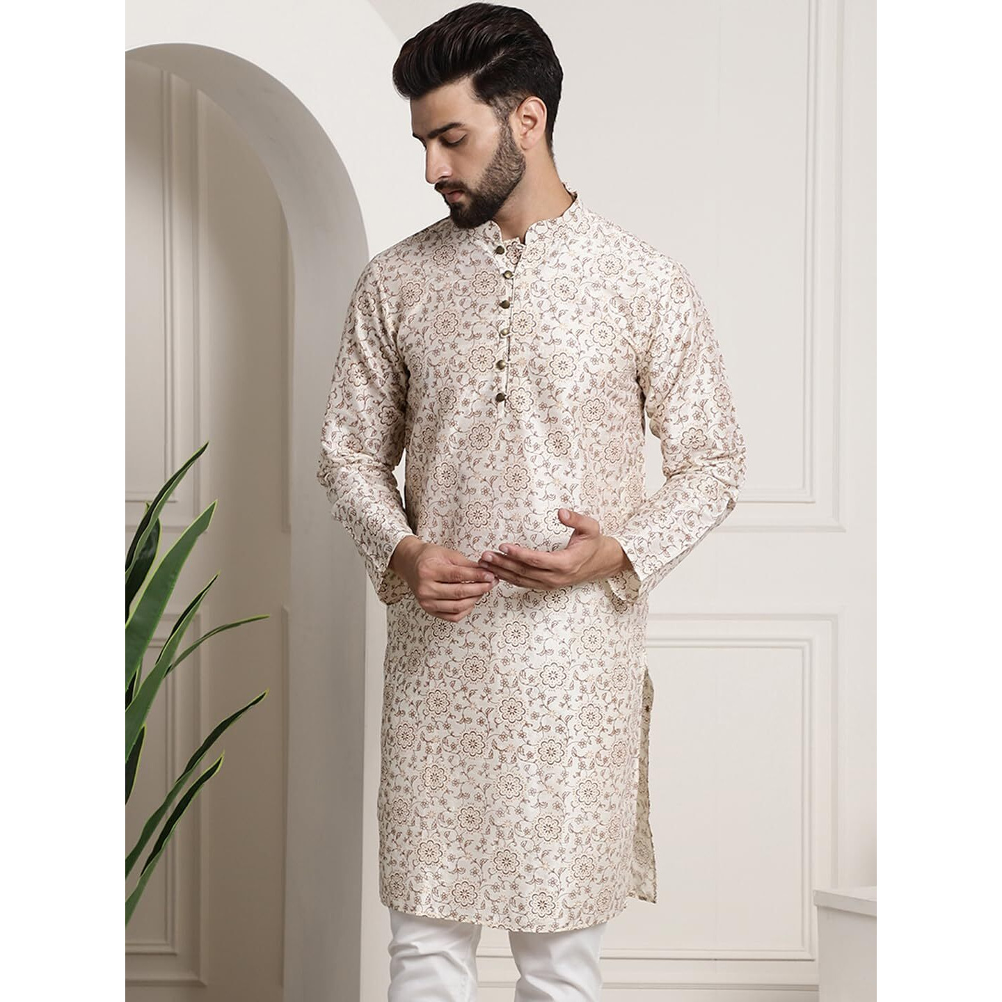 Sojanya (Since 1958 Men's Silk Blend Cream Color Print Design Only Long Kurta