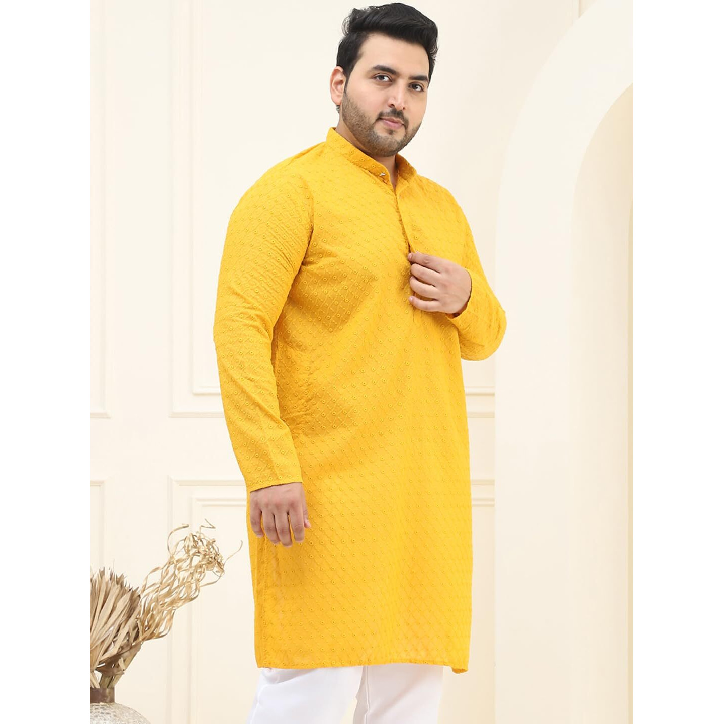 Sojanya Plus(Since 1958) Men's 100% Cotton Mustard Chikankari Kurta