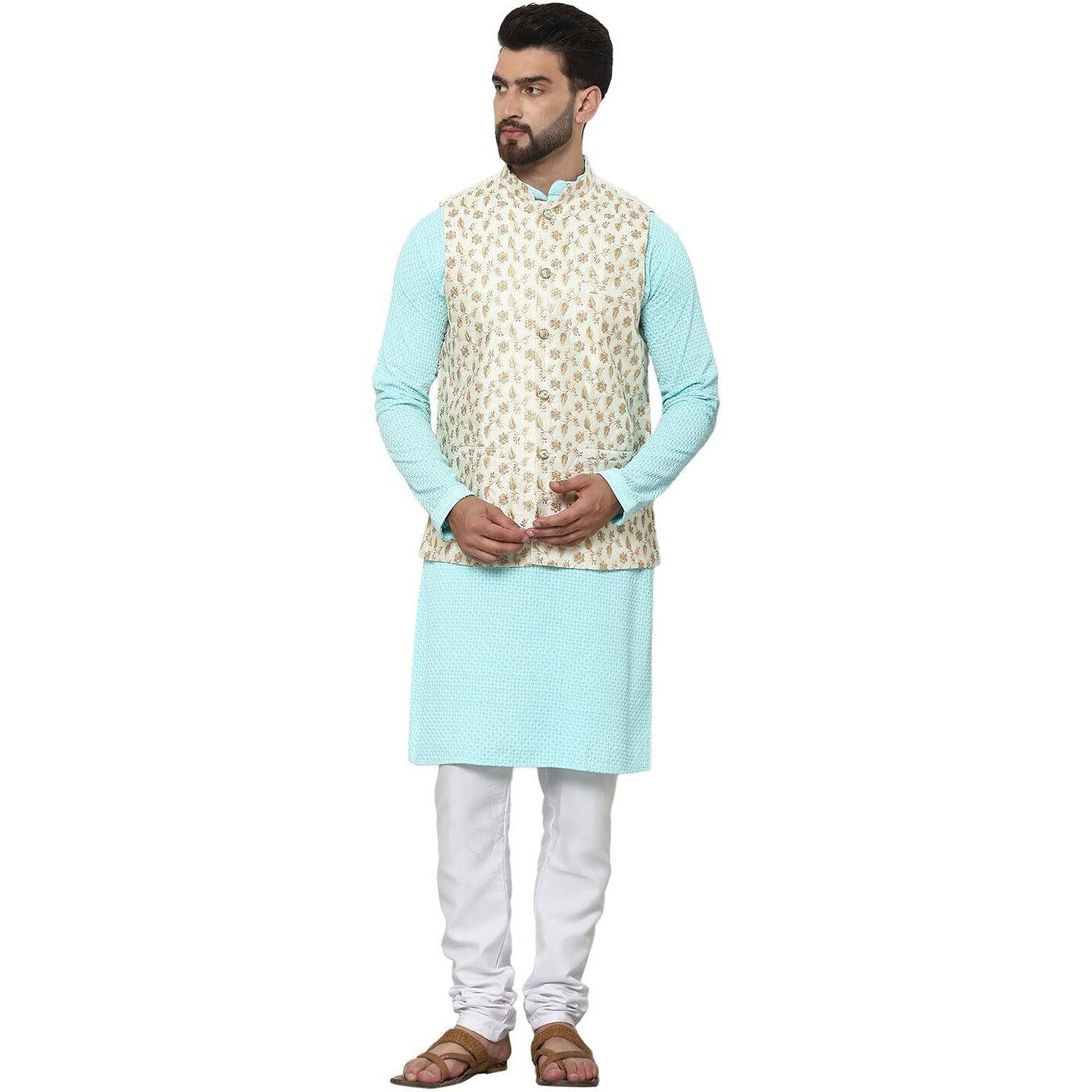 Sojanya (Since 1958 Men's Pure Cotton Sky Blue Kurta And White Pyjama With Embroidered Cream Nehru Jacket
