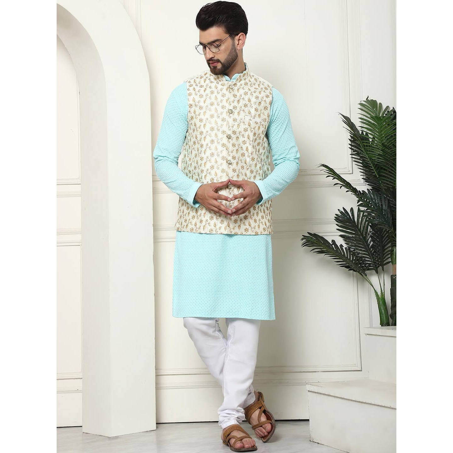 Sojanya (Since 1958 Men's Pure Cotton Sky Blue Kurta And White Pyjama With Embroidered Cream Nehru Jacket