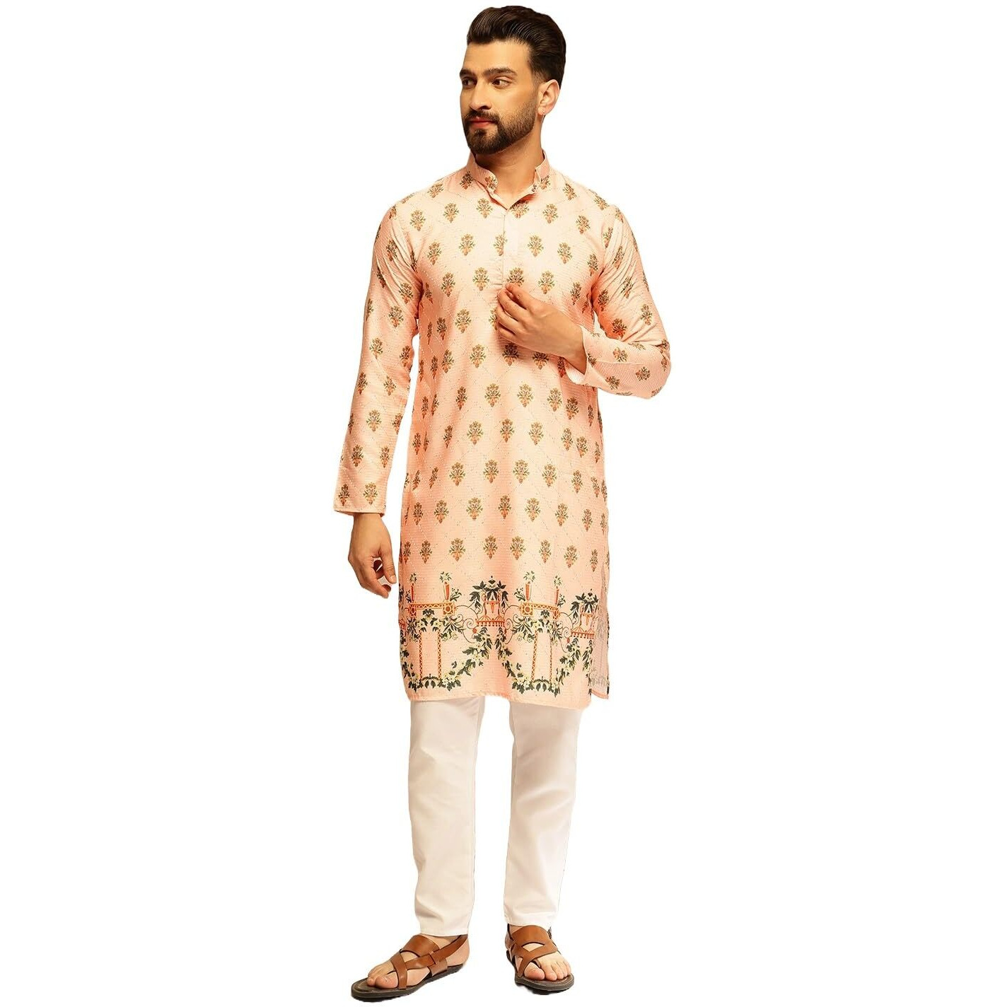Sojanya (Since 1958 Men's Cotton Daman Print With Krochet Embroidered Peach Kurta And Pyjama