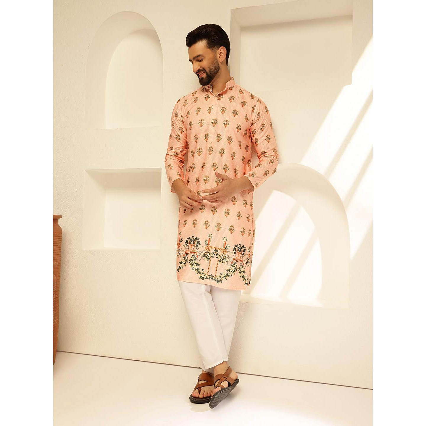 Sojanya (Since 1958 Men's Cotton Daman Print With Krochet Embroidered Peach Kurta And Pyjama