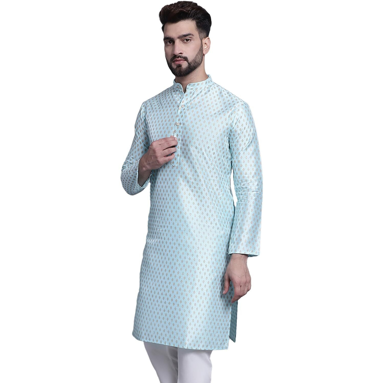Sojanya (Since 1958 Men's Silk Blend Skyblue Printed Only Long Kurta