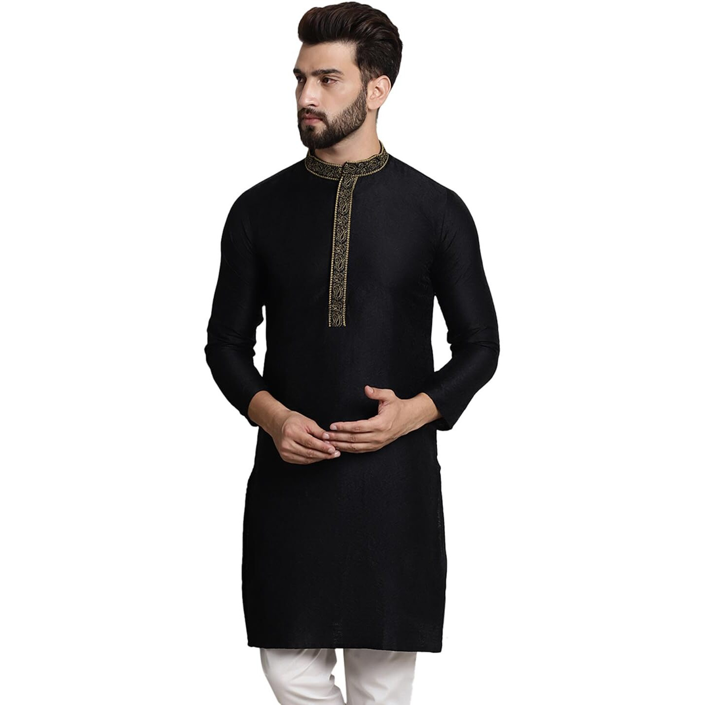 Sojanya (Since 1958 Men's Silk Blend Black Color Only Long Kurta With Neck Embroidery