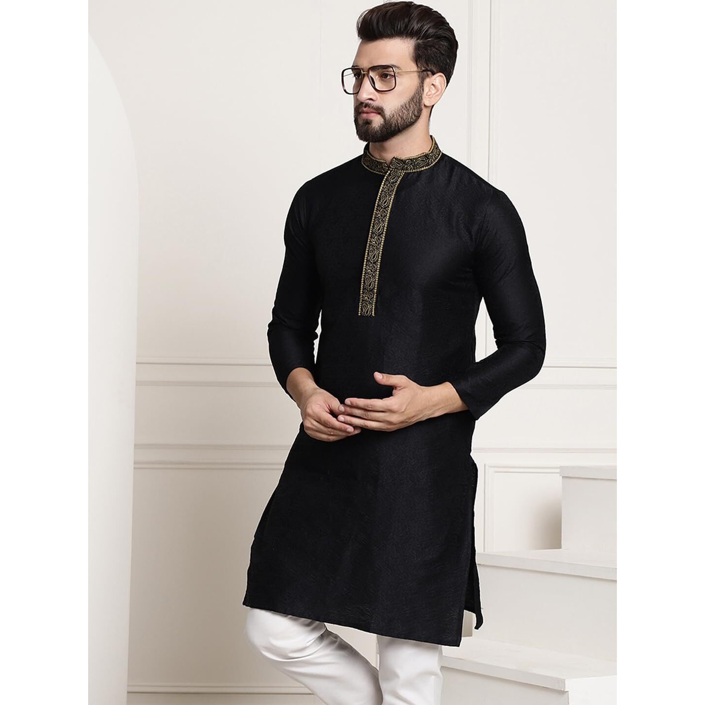Sojanya (Since 1958 Men's Silk Blend Black Color Only Long Kurta With Neck Embroidery
