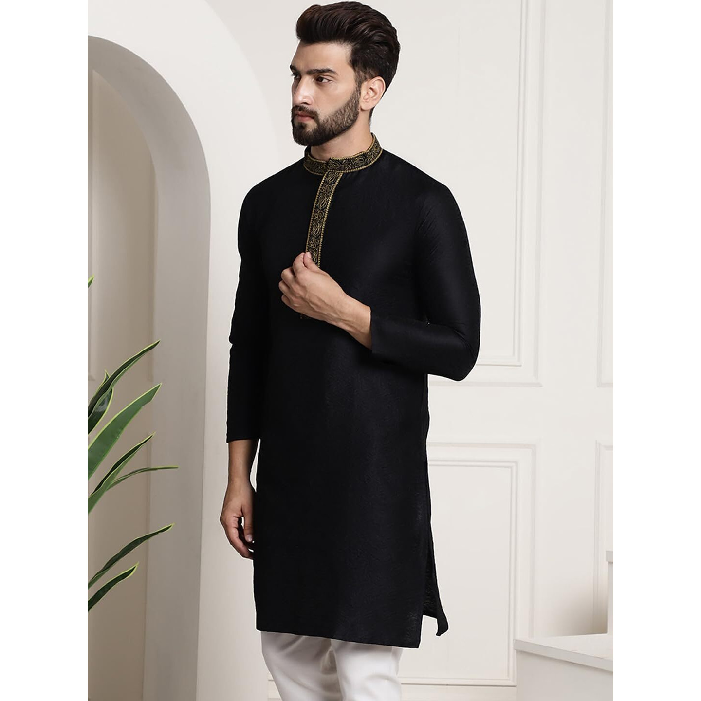 Sojanya (Since 1958 Men's Silk Blend Black Color Only Long Kurta With Neck Embroidery