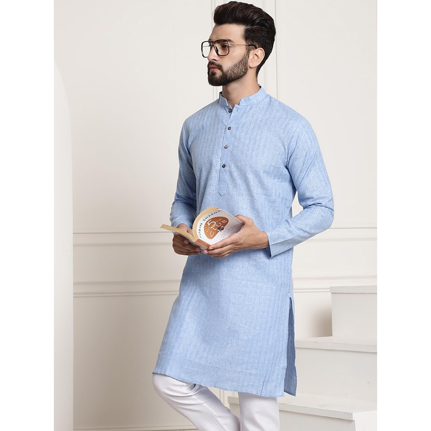 Sojanya (Since 1958 Men's Cotton Blend Blue Checked Only Kurta