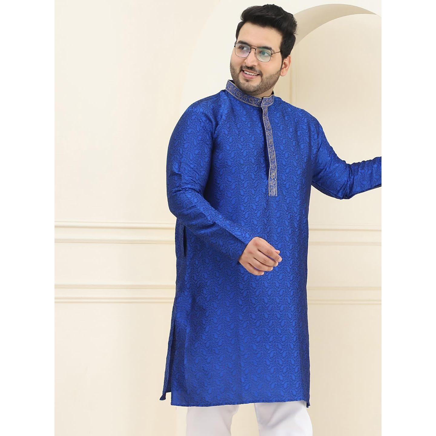 Sojanya Plus (Since 1958) Men's Silk Blend Blue Self Design Only Long Kurta