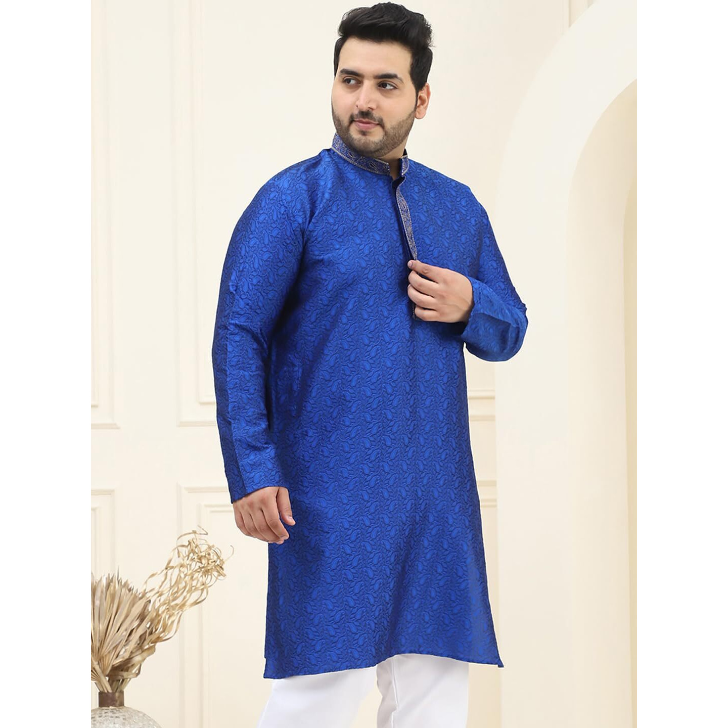 Sojanya Plus (Since 1958) Men's Silk Blend Blue Self Design Only Long Kurta