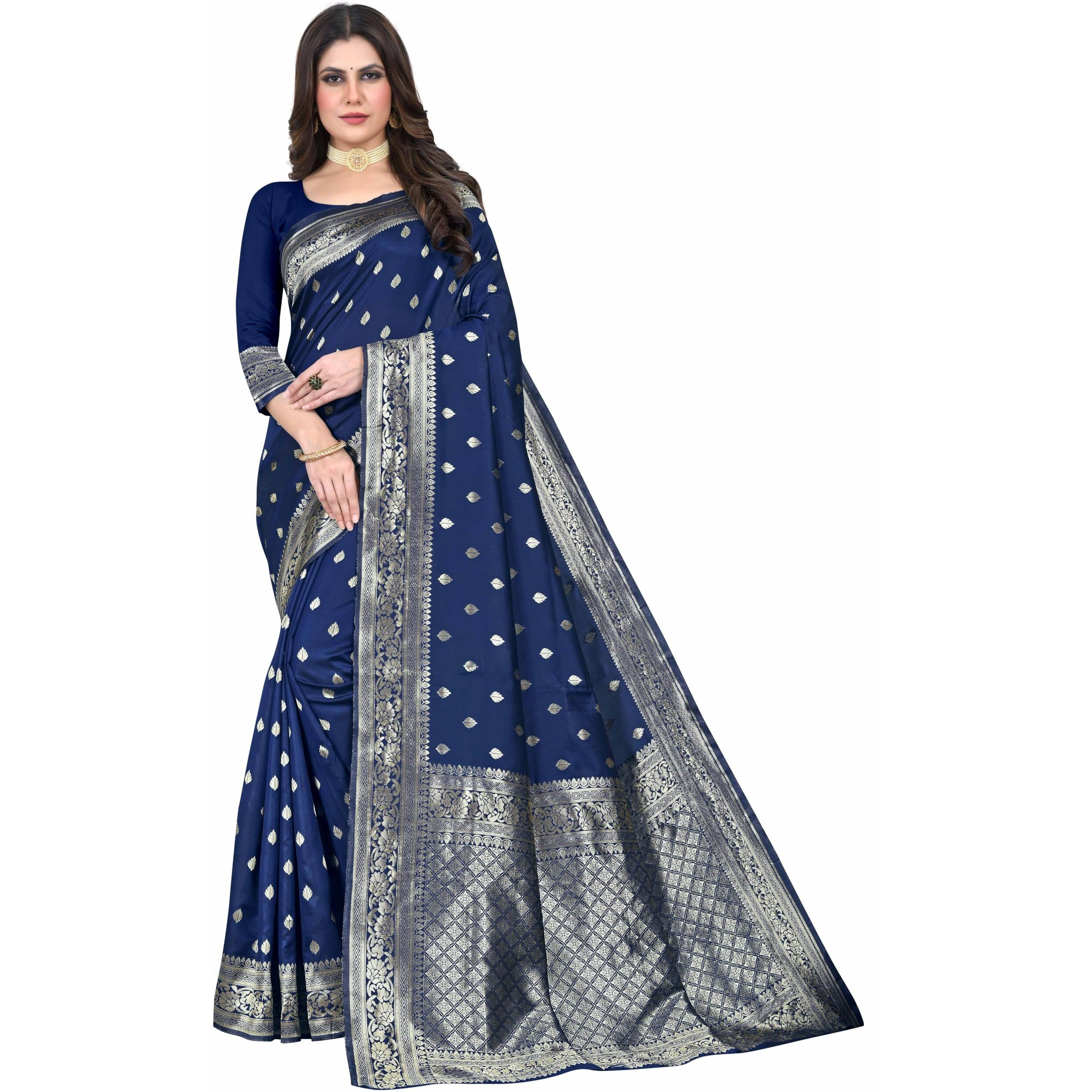 Sugathari Women's Banarasi Saree Pure Kanjivaram Silk Saree Soft New Ladies 2023 Design Wear Sarees Latest Cotton Party Sari Collections With Blouse Piece For Wedding Sadi (Sam Pari-160 Navy Blue)