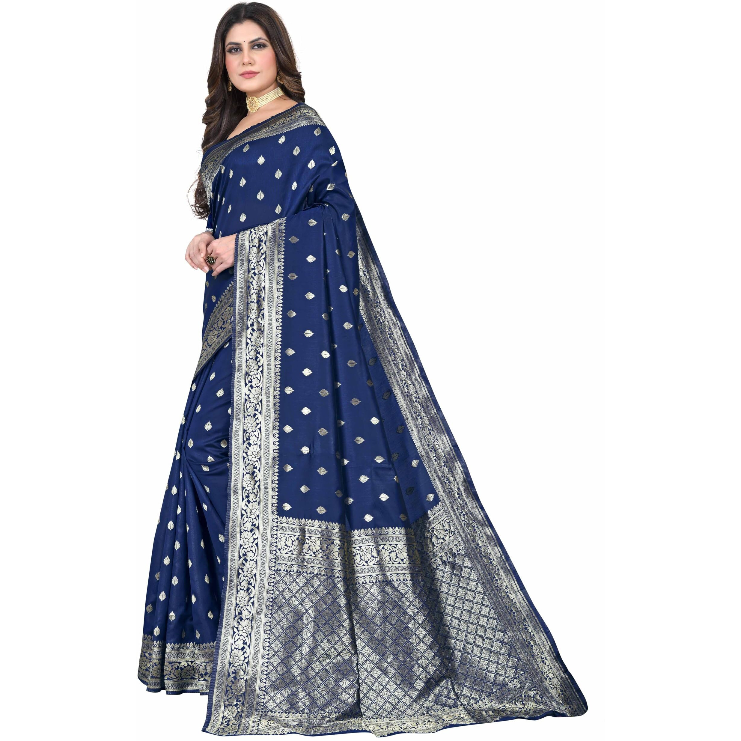 Sugathari Women's Banarasi Saree Pure Kanjivaram Silk Saree Soft New Ladies 2023 Design Wear Sarees Latest Cotton Party Sari Collections With Blouse Piece For Wedding Sadi (Sam Pari-160 Navy Blue)