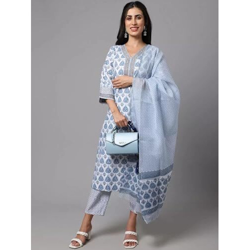 Tee Projekt Women's Cotton Blend Kurta Set With Dupatta | Kurta Set For Women | Festive Kurta Set For Women | Regular Fit Kurta Blue