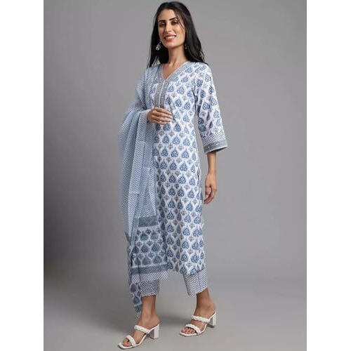 Tee Projekt Women's Cotton Blend Kurta Set With Dupatta | Kurta Set For Women | Festive Kurta Set For Women | Regular Fit Kurta Blue