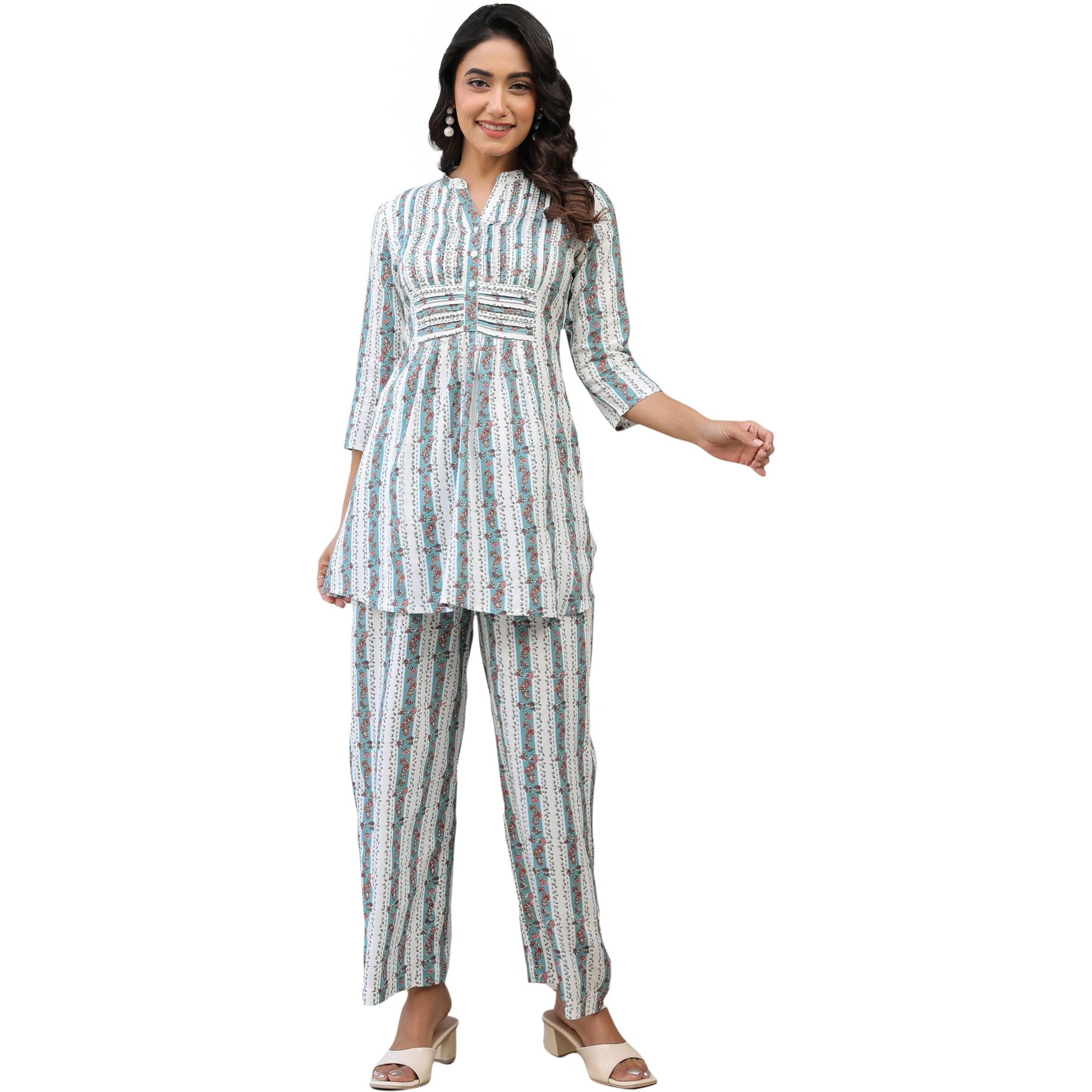 Janasya Women's White Pure Cotton Floral Printed A-Line Co-Ord Set (Jac25Cd02026-M)