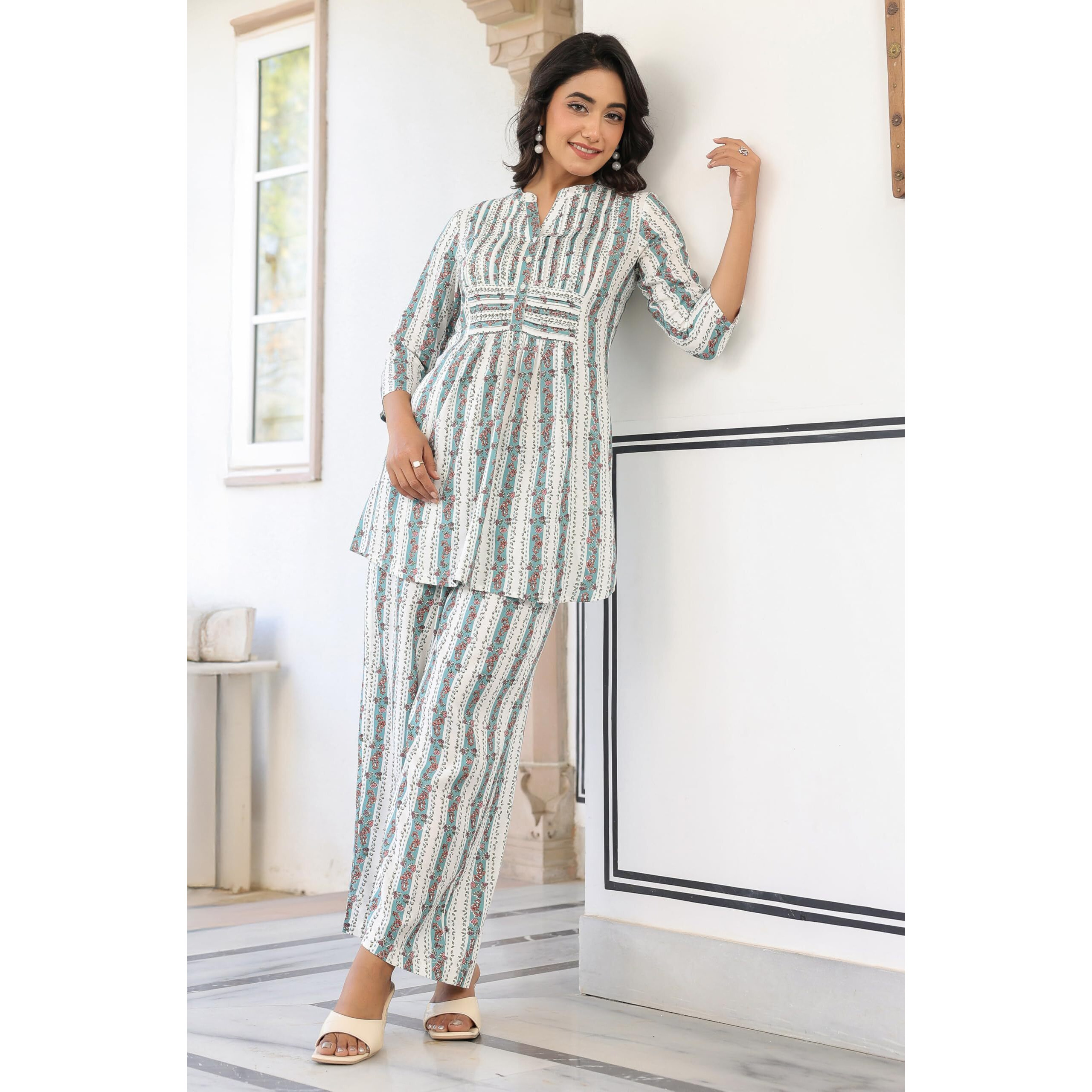 Janasya Women's White Pure Cotton Floral Printed A-Line Co-Ord Set (Jac25Cd02026-M)