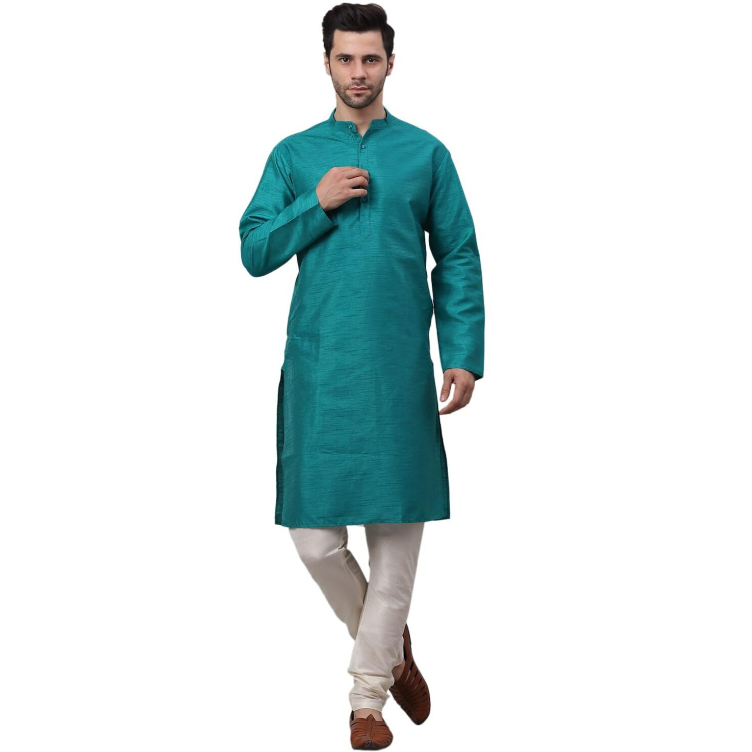 Jompers Men's Solid Dupion Silk Kurta Pyjama Set (Teal, Xl)