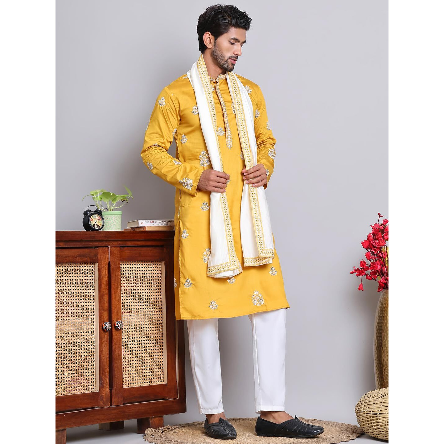 Jompers Mustard Embroidered & Sequin Kurta Pyjama With Dupatta (Mustard, S)