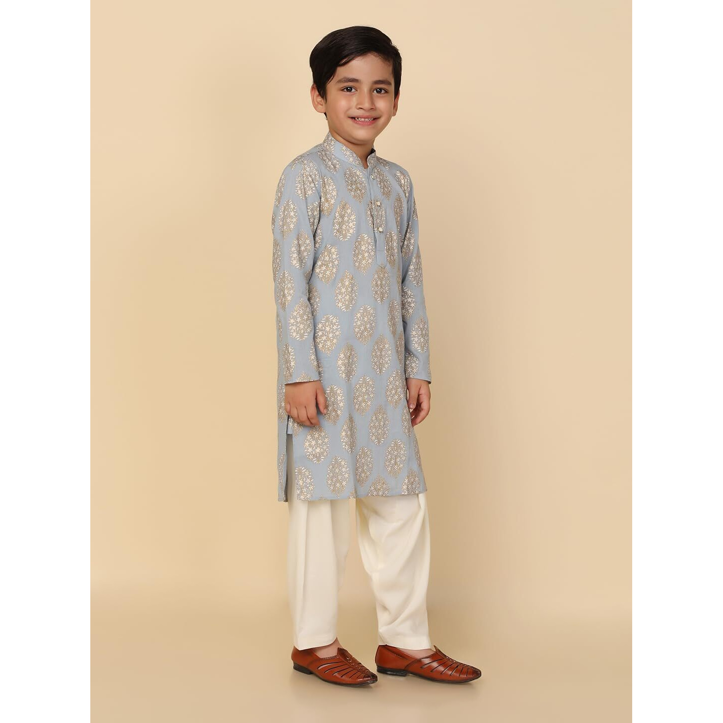 Kisah Kid's Full Sleeves Cotton Blend Knee Length Printed Sky Blue Kurta Patiala Set (11-12Y)
