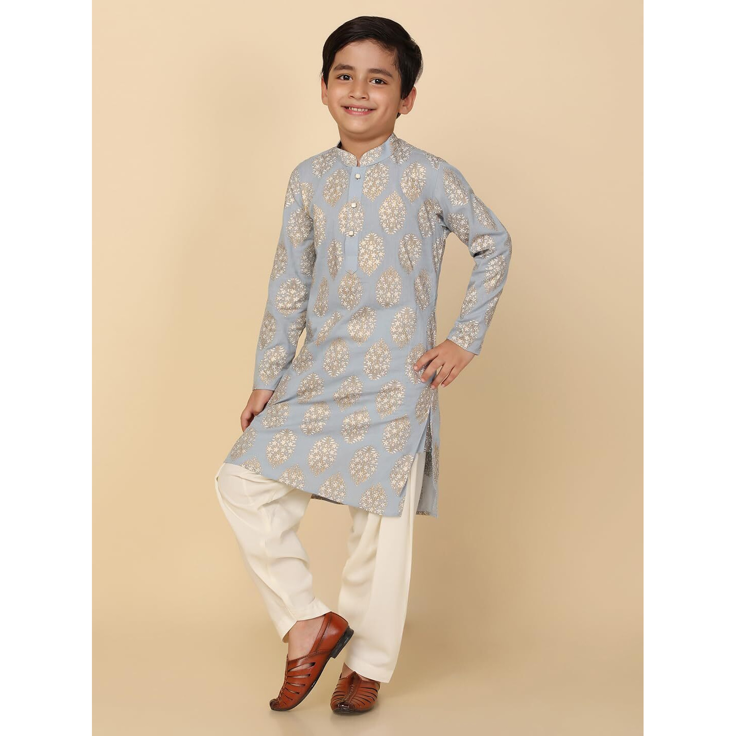 Kisah Kid's Full Sleeves Cotton Blend Knee Length Printed Sky Blue Kurta Patiala Set (11-12Y)