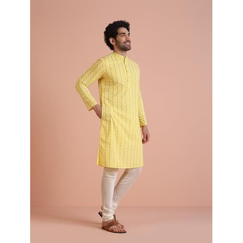 Kisah Men Straight Kurta Full Sleaves, Knee Length, Straight, Regular Fit, Mandarin Collar Ethnic Wear-Yellow -40