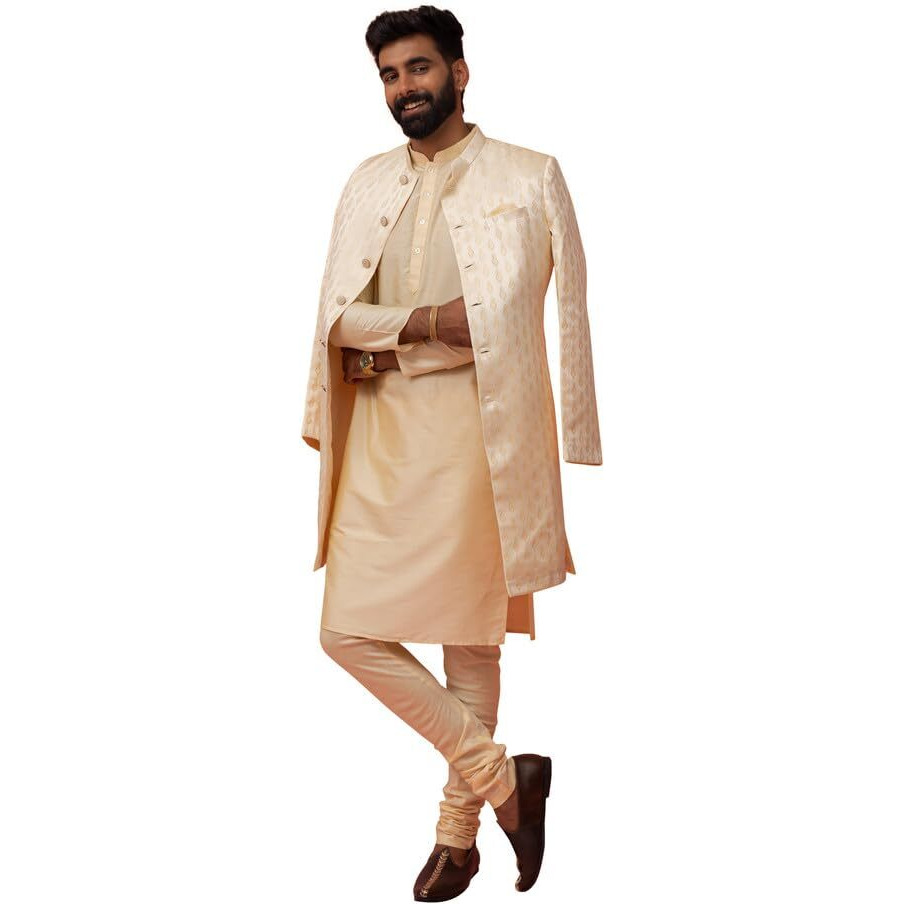 Kisah Men's Cream Kurta Indo Western Churidar Set Silk Blend Jacquard Full Sleaves, Knee Length, Straight Regular Fit Ethnic, 44