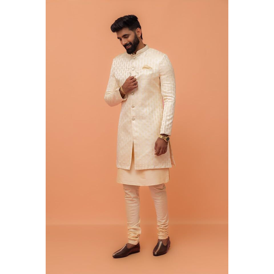 Kisah Men's Cream Kurta Indo Western Churidar Set Silk Blend Jacquard Full Sleaves, Knee Length, Straight Regular Fit Ethnic, 44