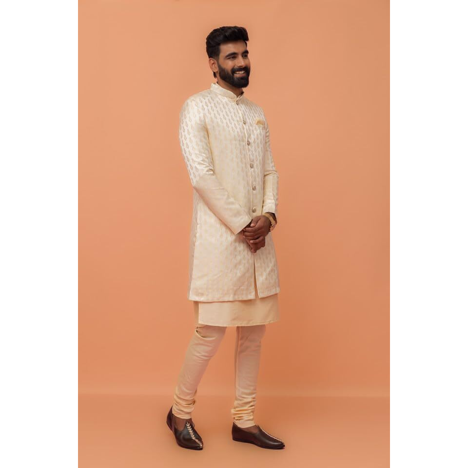 Kisah Men's Cream Kurta Indo Western Churidar Set Silk Blend Jacquard Full Sleaves, Knee Length, Straight Regular Fit Ethnic, 44