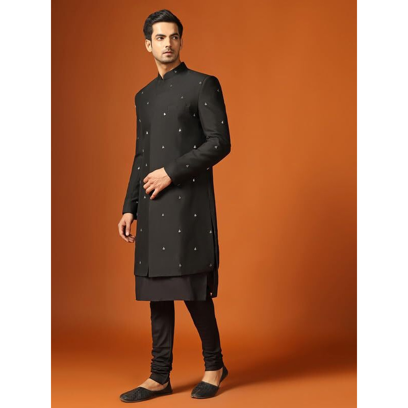 Kisah Men's Kurta Indo-Western Sherwani Churidar Set, Black Cotton Blend, Embroidered Regular Fit Mandarin Collar Long Sleeves (42)