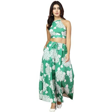 Oomph Women's Crepe Top And Trouser Pant Set |Two Piece Co-Ord Set | Wester Wear Regular Fit | Stylish Multipurpose Top - Bottom Pair - Green