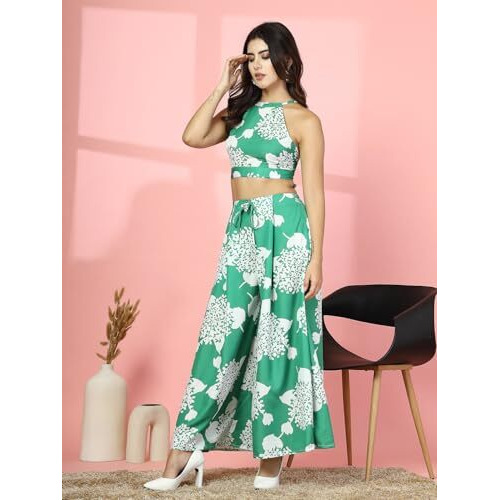 Oomph Women's Crepe Top And Trouser Pant Set |Two Piece Co-Ord Set | Wester Wear Regular Fit | Stylish Multipurpose Top - Bottom Pair - Green