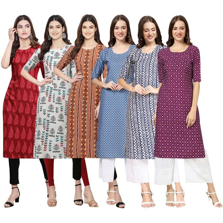 Pinkmint Women's Crepe Digital Print Straight Kurta [Pack Of 6](Qv-337-340-344-367-348-355-M)